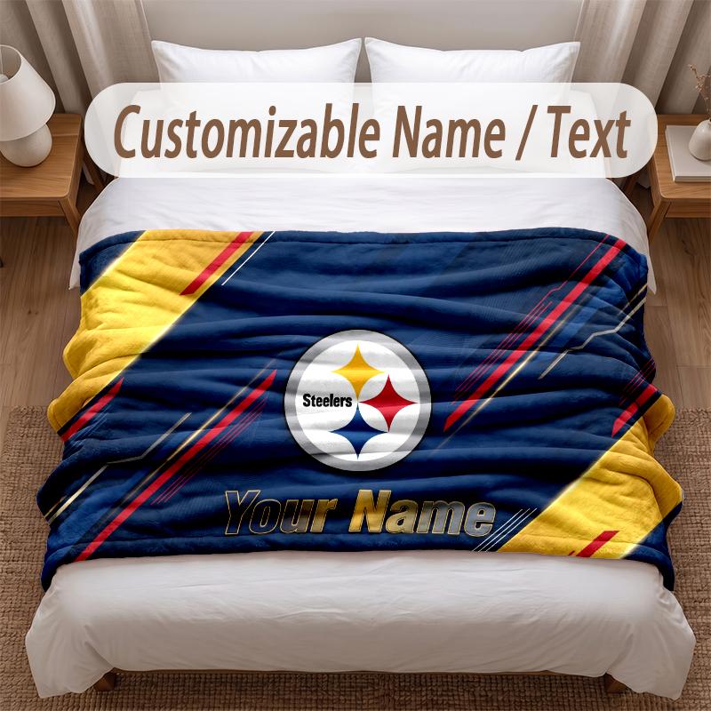 Pittsburgh Steelers Printed Flannel Blanket Custom Name Text Soft Warm Throw For Bedroom Holiday Gift