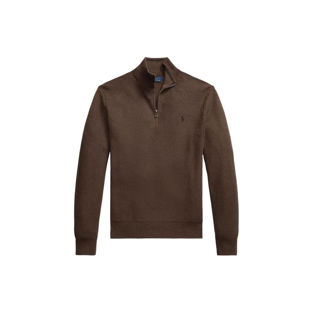 Polo Ralph Lauren Logo Embroidered Mock Neck Half-Zip Long Sleeve Sweater Men sweater Brown 710932304-504