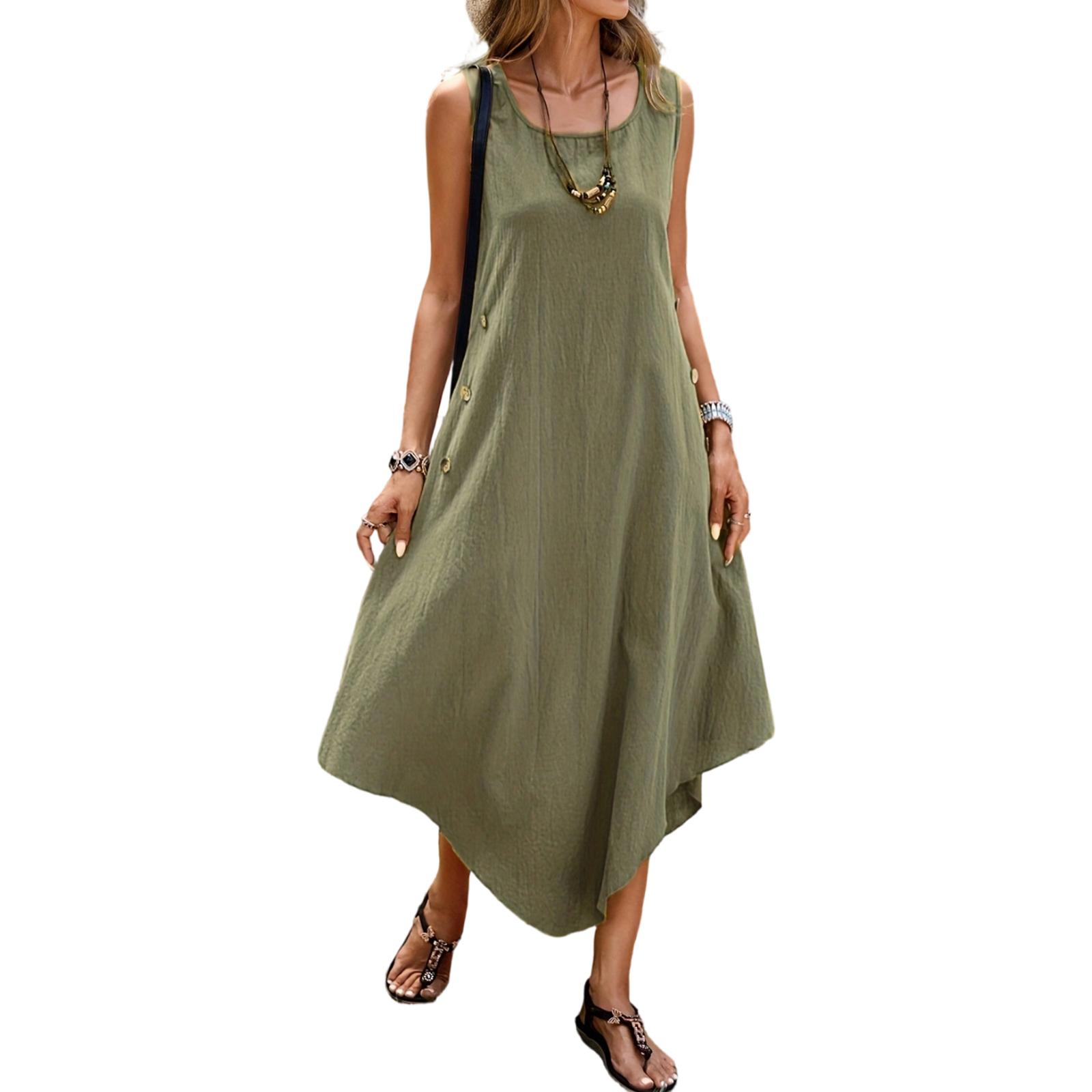 Women s Casual Color Sleeveless Dress Summer Fashion L армия зеленый