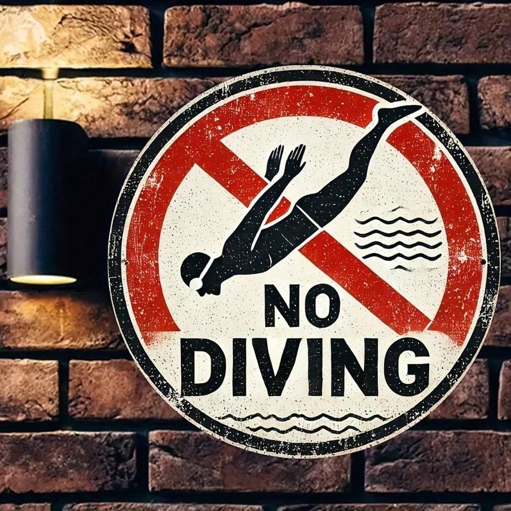 1pc 8x8in No Diving Metal Sign, Funny 2D Flat Printed Wall Decor, Durable Unique Gift for Home Office, Easy to Hang