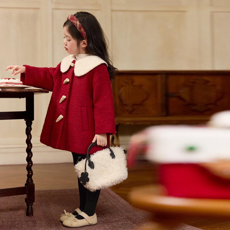 LUSON Girls' Red Wool Blend Turn-down Collar Overcoat