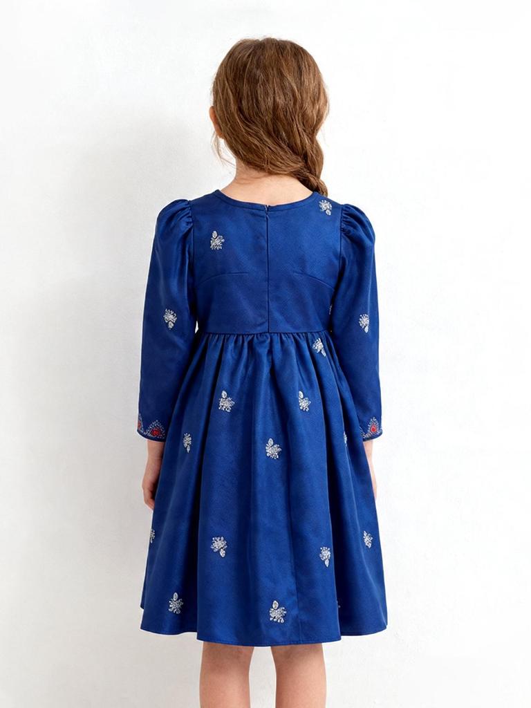 Girls' dress, blue, round neck, suitable for ages 4-7