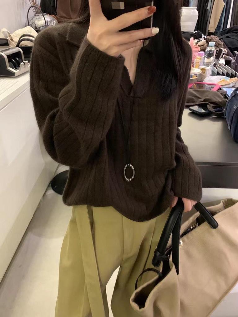 French Cashmere Lapel Knit Sweater - Women's Loose Fit, Autumn/Winter Thickened Base Layer