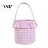 Holiday Decorative Storage Bins Halloween Basket, Plaid Ruffle Trick or Treat Candy Bucket with Handle Christmas Present Pouches for Kids, Reusable