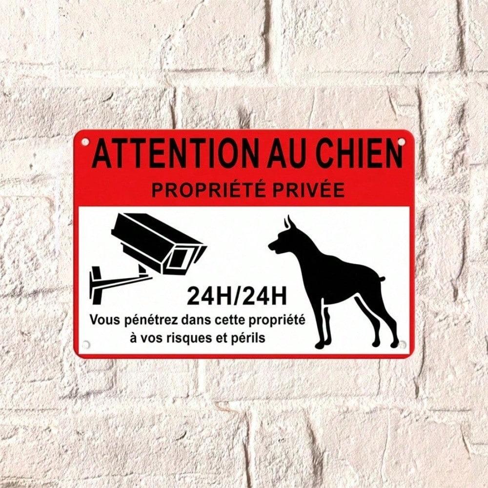 1PC Vintage French Dog Warning Tin Sign, Attention Au Chien Propriete Privee Metal Plaque, Retro Security Camera Canine Art
