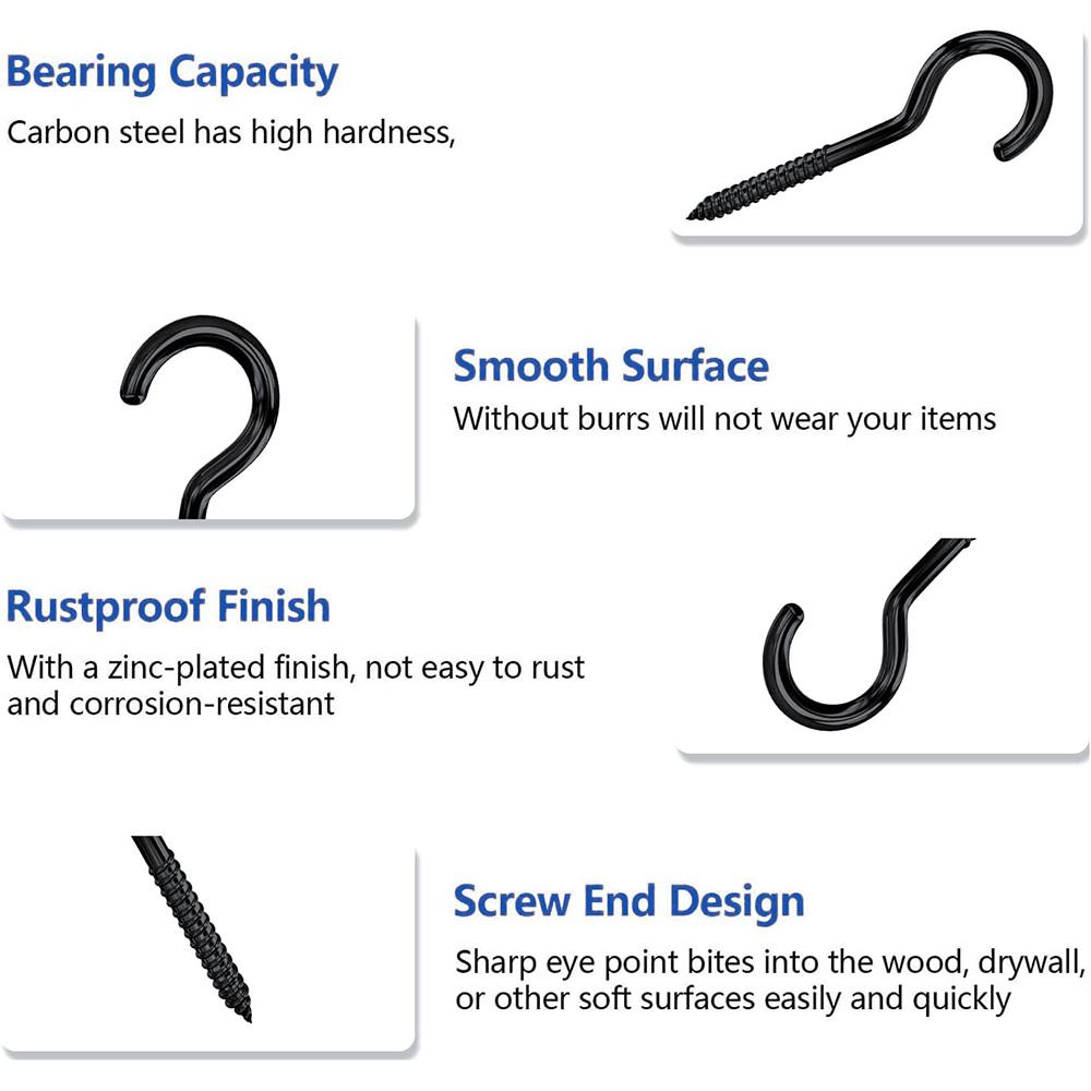 NINDEJIN 5-50pcs Screw Hooks Ceiling Cup Hook Black Zinc Plating Steel 1#-16# Screw Eyes for Hanging Lights Plant Hanger