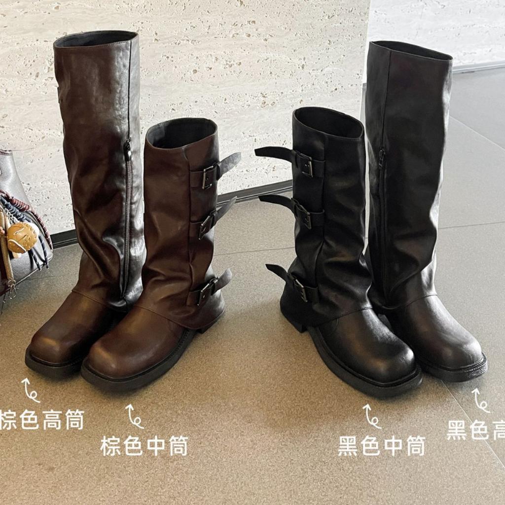 Inner Heightening Black Medium-Length Tube Boots Women'S Autumn Thick-Soled Pleated Piled Boots Western Cowboy Knight Boots