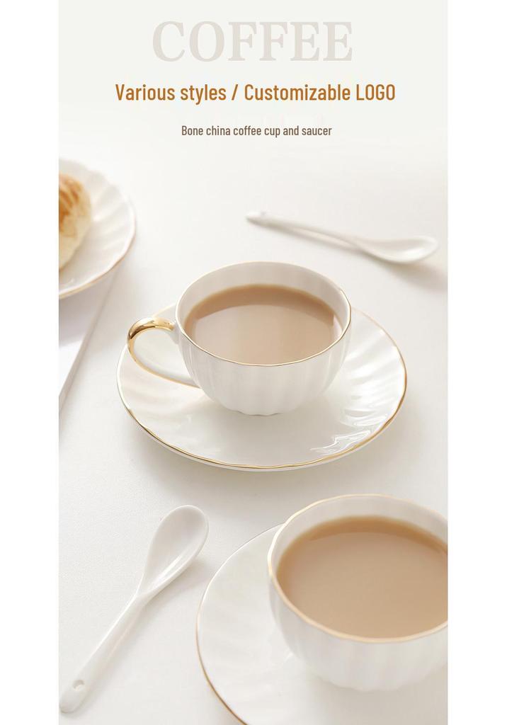 Nordic Style Bone China Coffee Set - Gold Trimmed Butterfly Design Cups (White).