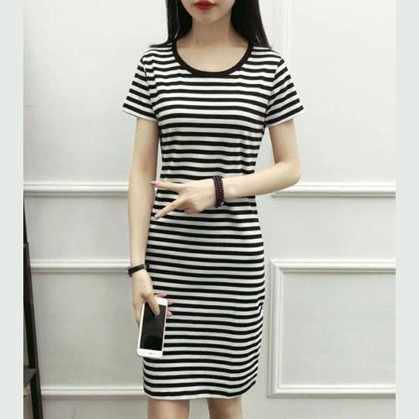 Ladies Mid-length Stripe Round Neck Slim Base Short Sleeve Loose and Casual Easy To Dry and Absorb Sweat Dress