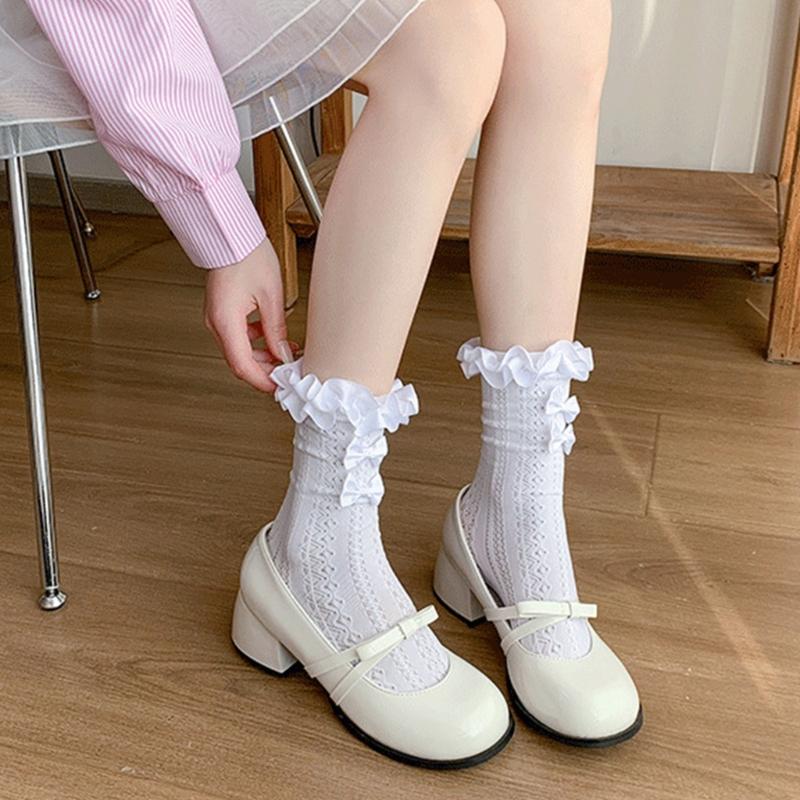 Women Japanese Aesthetic Hollowout Mesh Middle Tube Socks Striped Patterned Ruffle Trim Over Calf Socks with Bows Accent