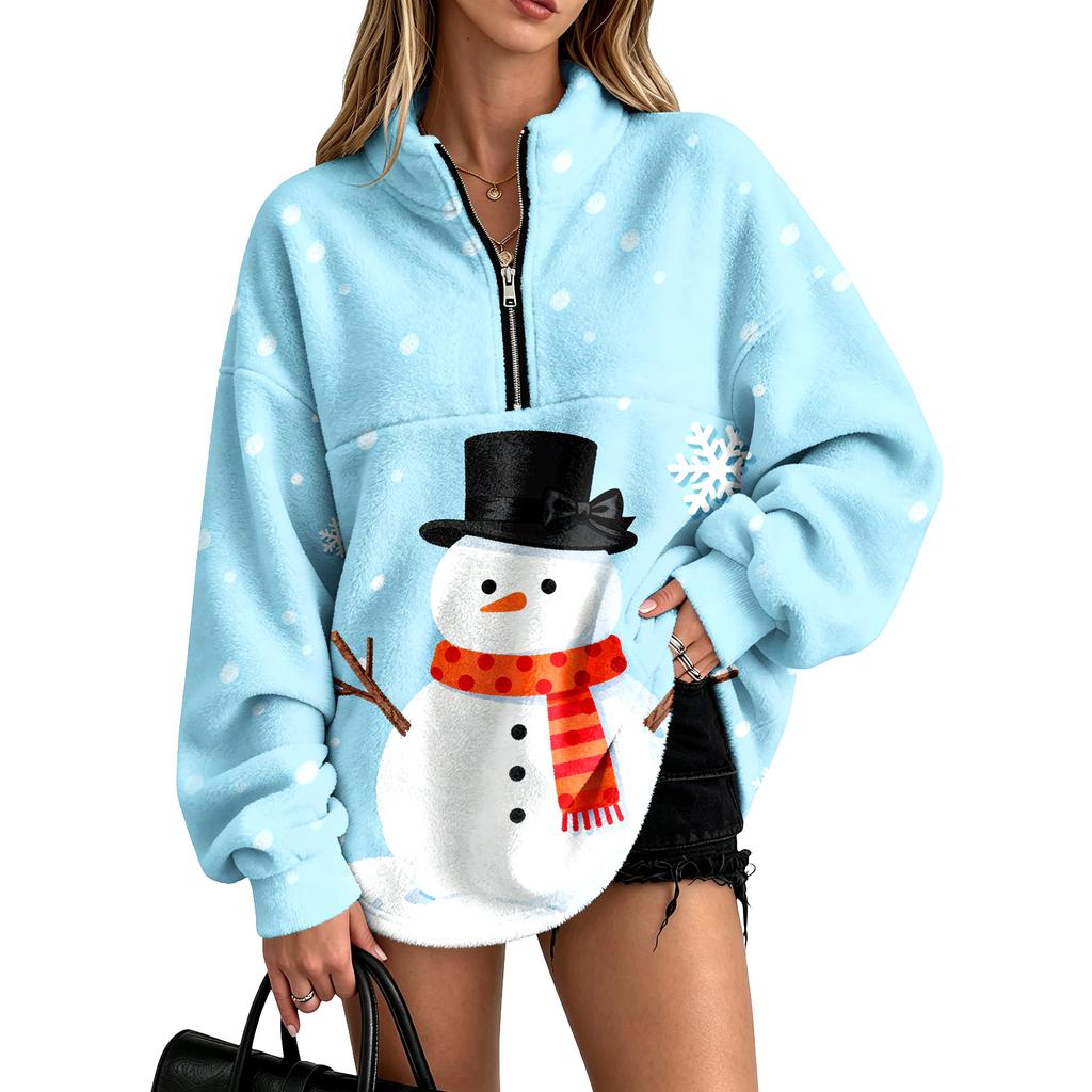Women's Christmas Print Flannel Quarter-Zip Pullover Sweatshirt with No Pockets for Holiday Casual Wear