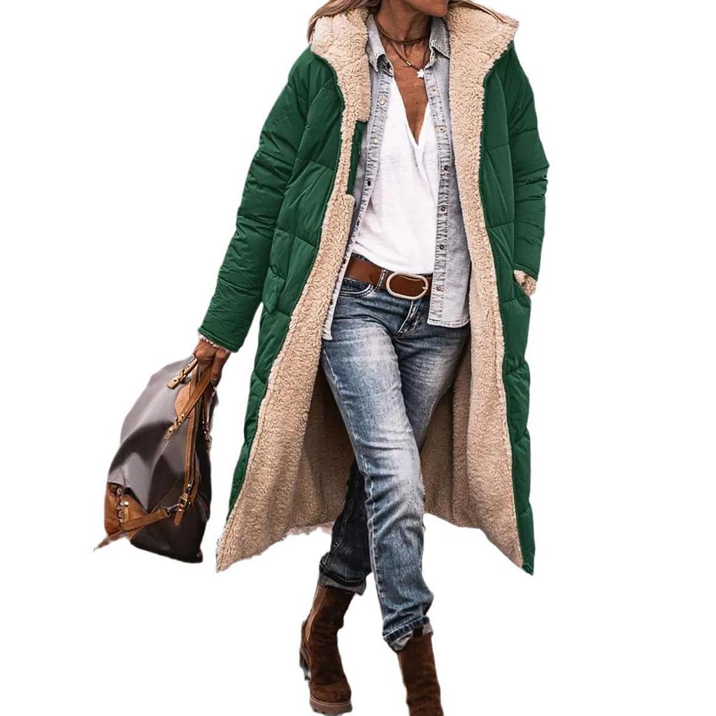 Women's Solid Color Hooded Cotton Coat, Long Sleeve, Slim Fit, Double-Sided Wear Cardigan Jacket