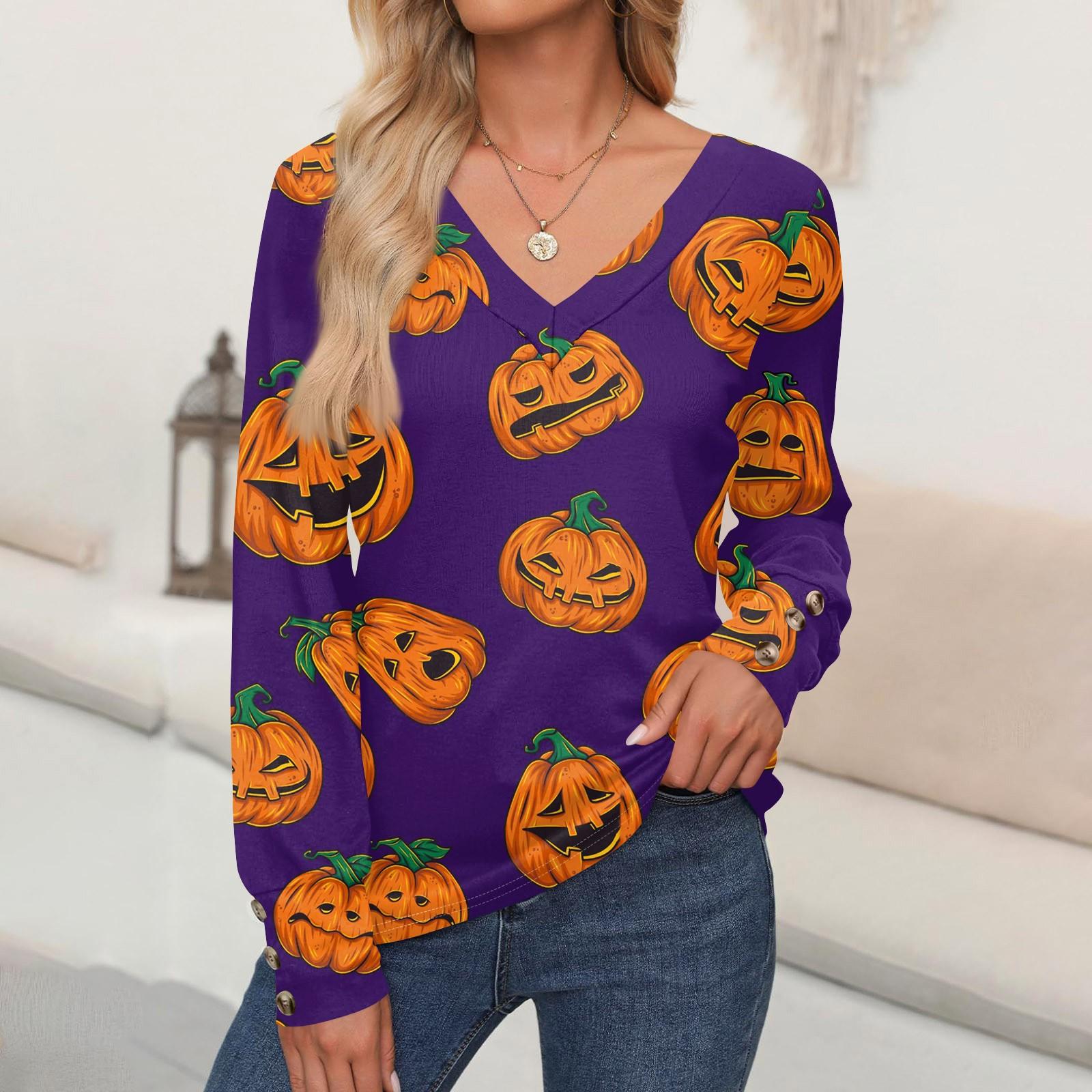 

Женские топы с принтом на Хэллоуин, рубашка с длинным рукавом, V-образный вырез, повседневная свободная футболка, осенняя одежда XXXL киноварь