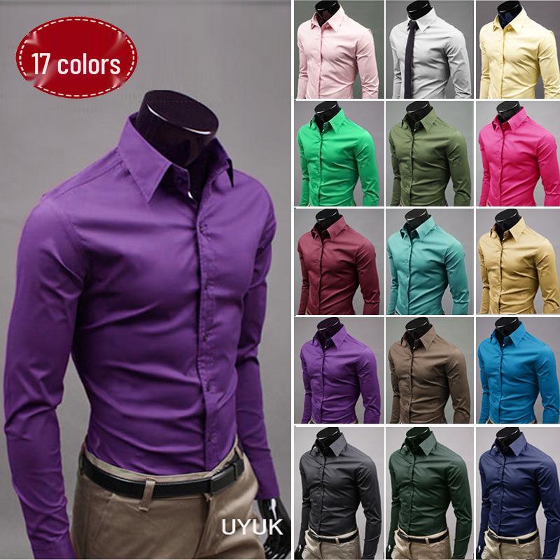 Men's Long Sleeve Slim Fit Non-Iron Korean Style Formal White Shirt