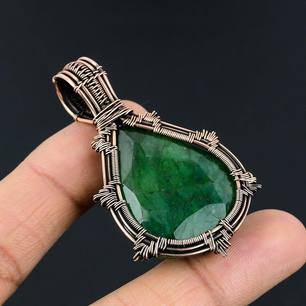 Emerald Pendant, 999 Copper Wire Wrapped Pendant Gemstone Jewelry, Handmade Pendant Amazing Jewelry, Gift For Her