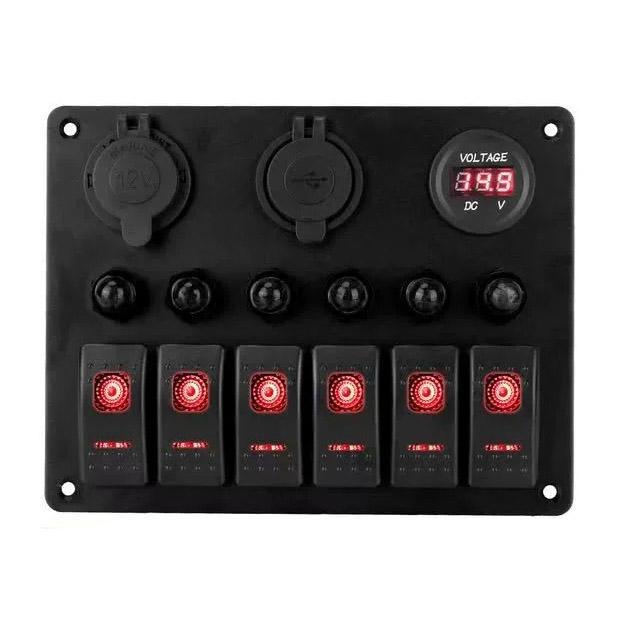 6 Gang ON Off Rocker Switch Panel 12V Voltmeter Dual USB Charger 3.0 Cigar Lighter For RV Truck Boat