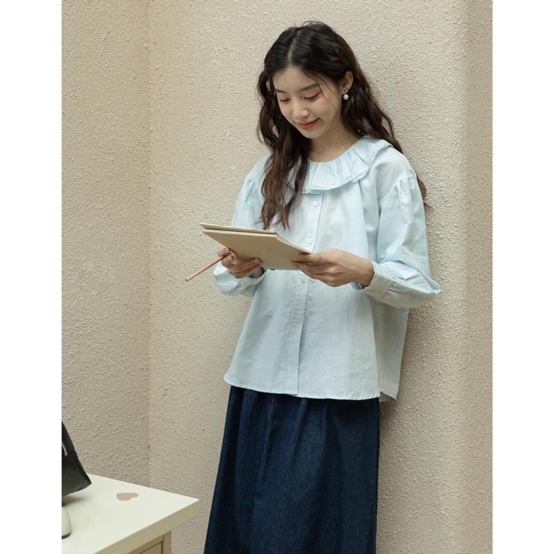 Women s Literary Lace Collar Long Sleeve Shirt: College Forest Style for 2026 Spring/Autumn Small небесно-голубой