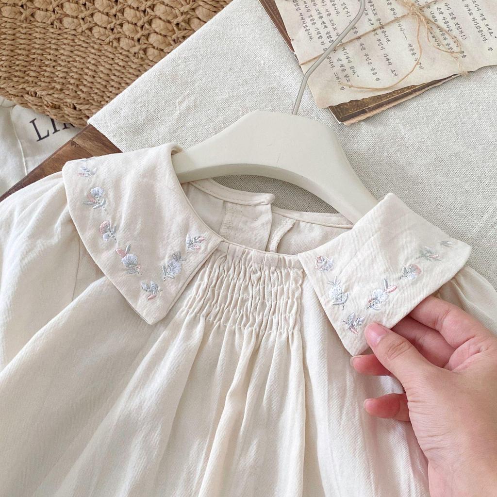 Toddler Girls' Floral Embroidered Peter Pan Collar Long Sleeve Babydoll Shirt - Autumn 2025 Arrival