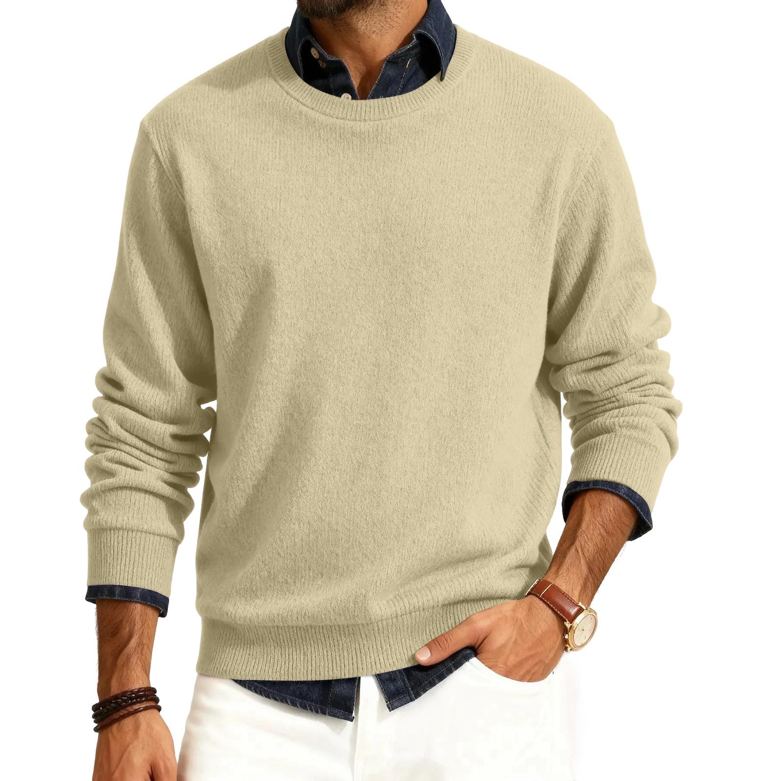 

Men s Round Neck Long Sleeve Ribbed Knit Pullover L бежевий