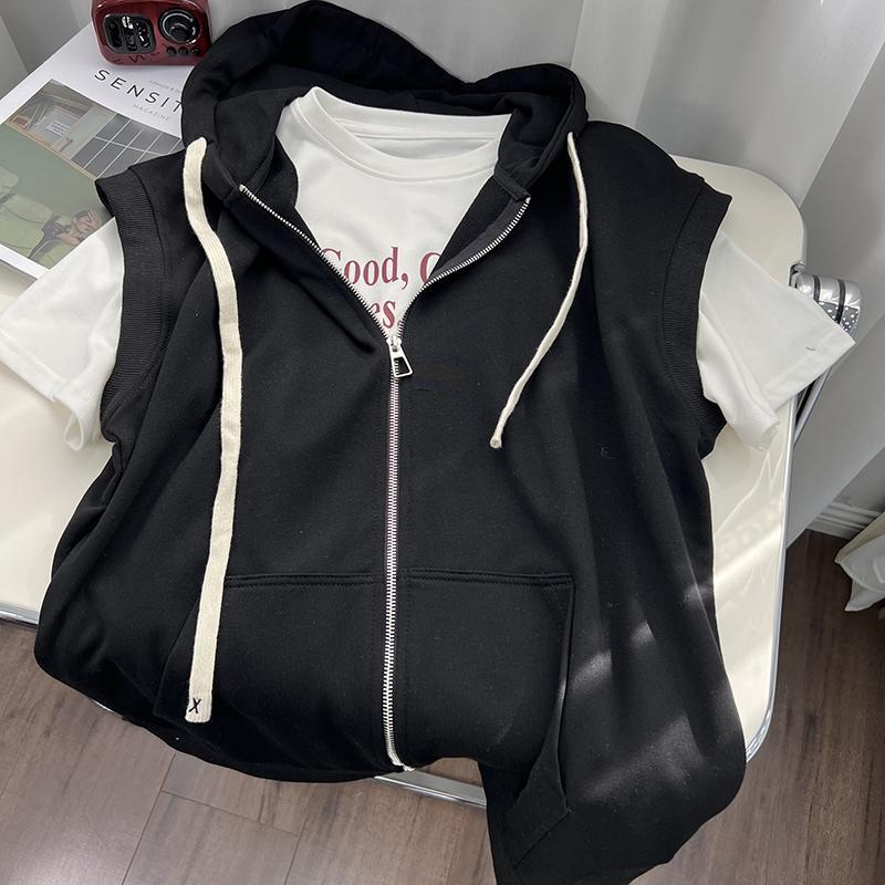 Summer Men's Leisure Sports Hooded Vest Large Size Korean Version Loose Sleeveless Zipper Cardiga Waistcoat All-match Coats