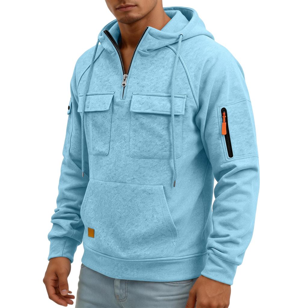 Men's Quarter-Zip Cargo Hoodie with Multi-Pockets Casual Sweatshirt for Everyday Wear