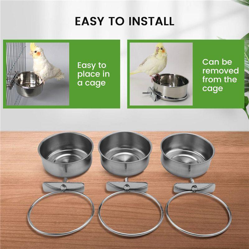 AT21-3-Piece Bird Feeder Cup Stainless Steel Parrot Feeder Cup Animal Cage Water Food Bowl S