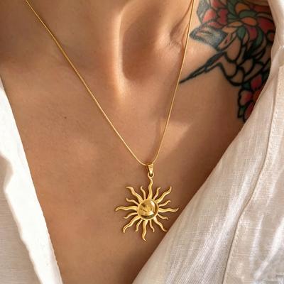 Yupsk Gold Color Stainless Steel Sun Pendant Necklace For Women Fashion Trendy Metal Party Jewelry Accessory Gift