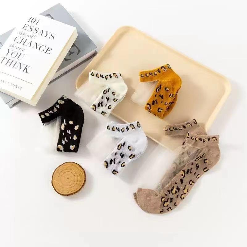 5 Pairs Of Womens Slass Filament Fiber Spring And Summer Thin Transparent Leopard Socks Polyester Sock Sole