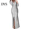 A-Linie Silhouette Cocktailkleid Damen Abend Deep V-Ausschnitt Pailletten-Dekor Lange Ärmel Elastische Taille Plissiert Hohe Absätze Kombinieren Geschlitzter Saum Uni