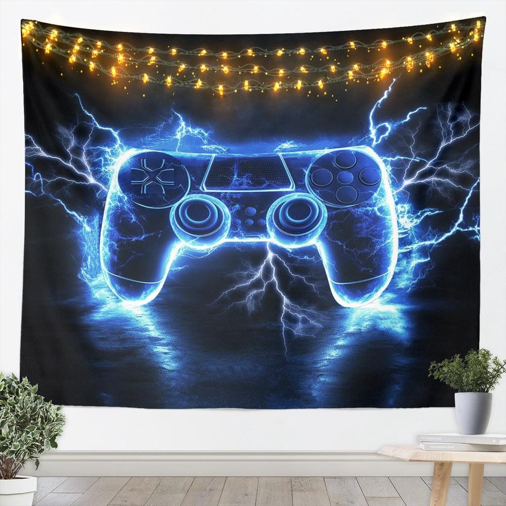 Flame Gaming Controller Tapestry, Black Background with Colorful Controller Pattern for Boys' Bedroom and Gamer Room Decor