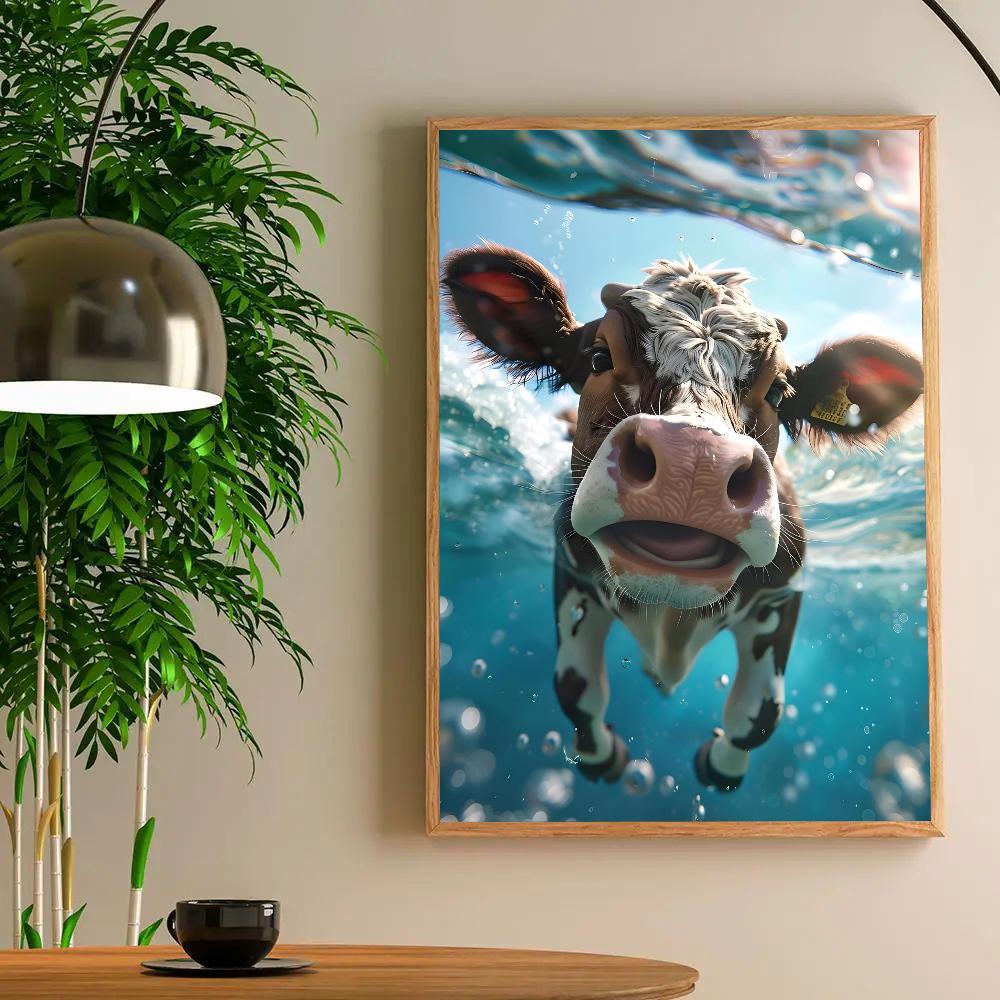 1 szt. Gorący Abstrakcyjny Ciekawy Zabawny Słodki Krowa Pływanie Kąpiel Plakat HD Plakaty Dom Pokój Bar Kawiarnia Wystrój Sztuka Malarstwo Ścienne Obraz