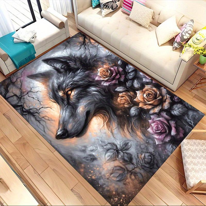 1pc Wolf Roses Themed Rug for Home Decor, Non-slip Office Carpet, Chair Mat, Outdoor Mat, Christmas and Halloween Gifts-0731127