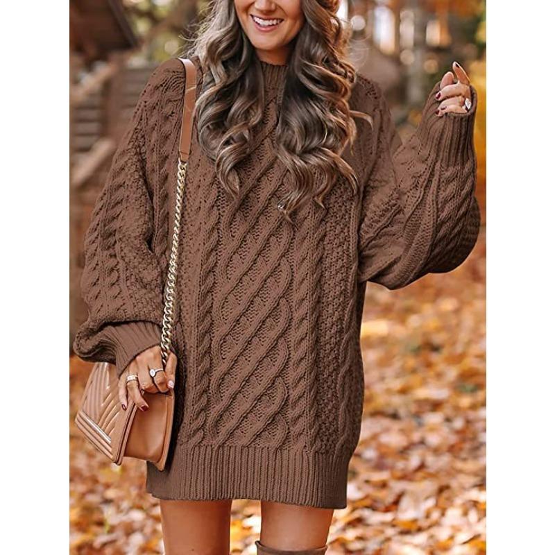 Women's Sweater Dress, Women's Long Sleeve Crew Neck Textured Knitted Dresss
