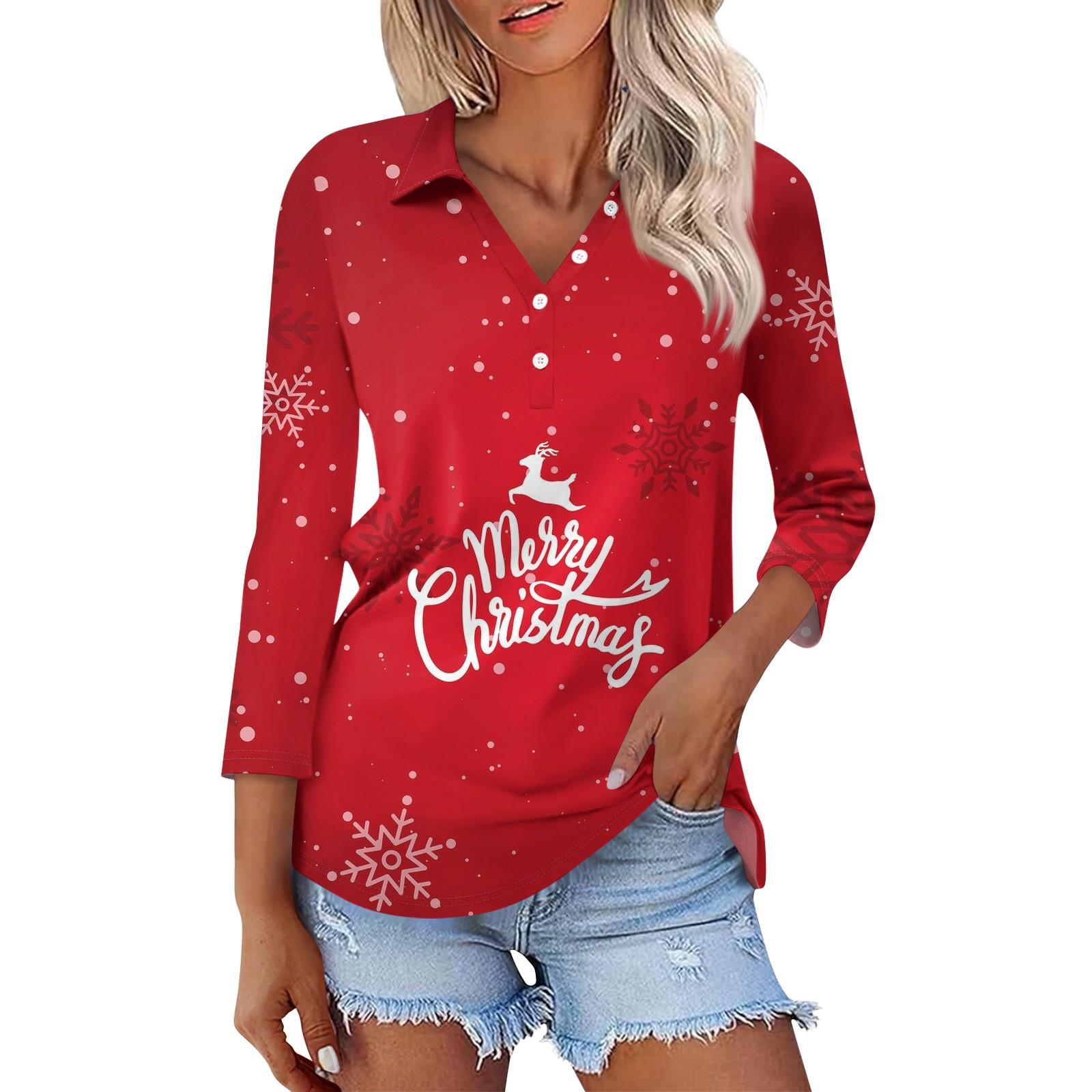 

Женская модная повседневная рубашка с рукавами 3/4 и рождественским принтом на лацканах XXXL киноварь