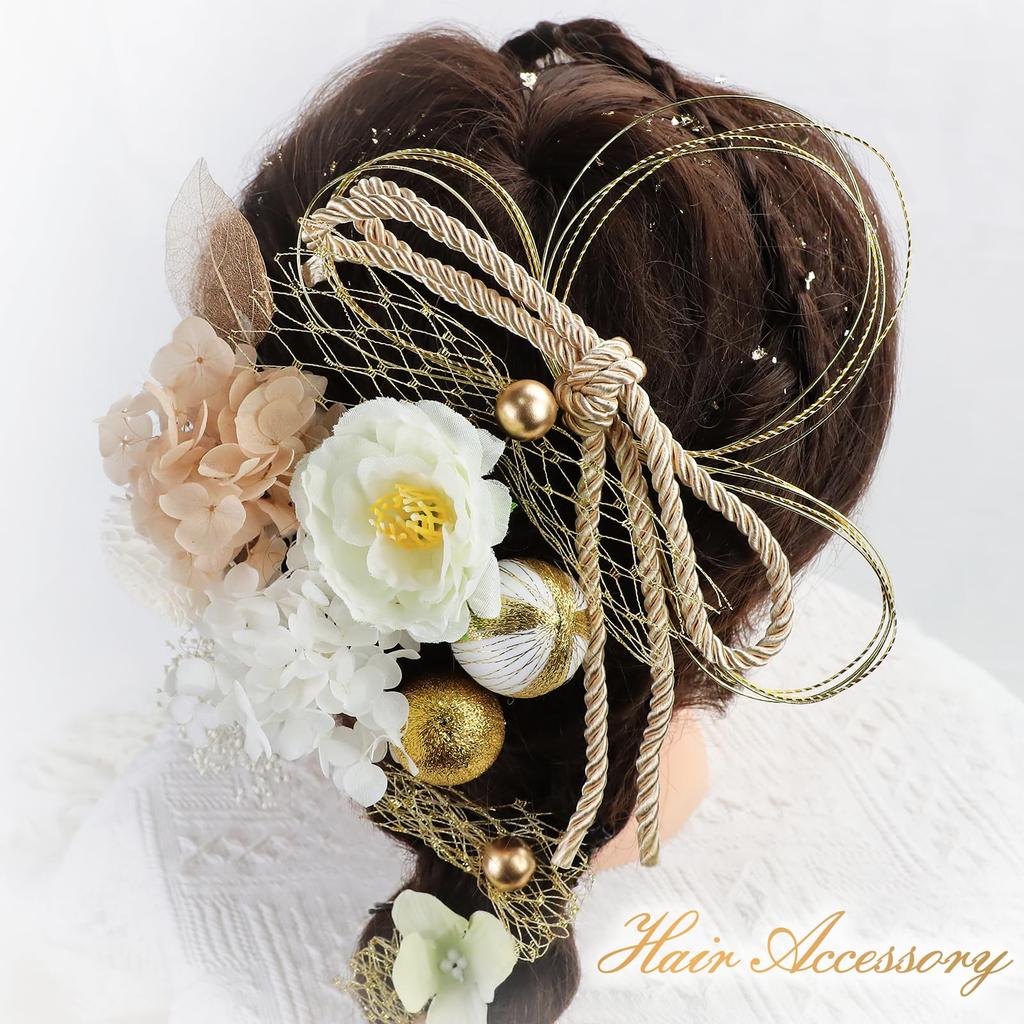 SENJWARM Bud Flower Hair Hair Dried Mizuhiki and Gold Leaf Hair Coming of Age Graduation Gold Japanese Wedding Ornament, Yukata, Ornament, Flower,