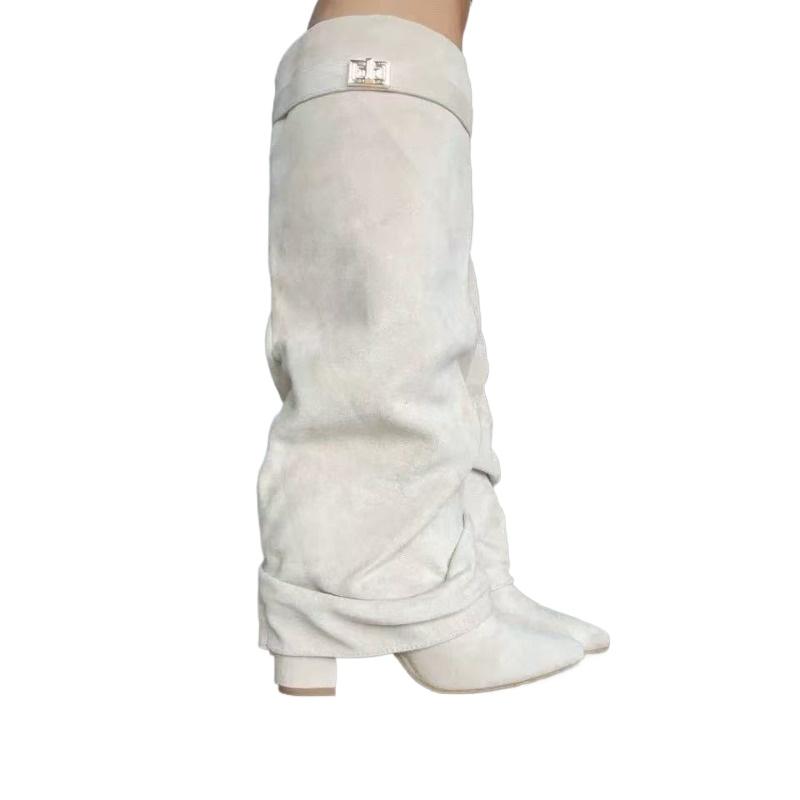 Nuovi Stivali Al Ginocchio da Donna Fibbia Metallica Punta Affilata Tacchi Alti Stivali Pantalone Stivali Lunghi Monocolore Donna Scarpe da Donna di Qualità