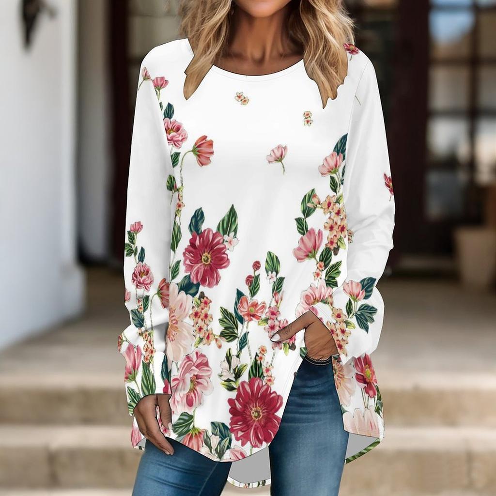 Women Long Sleeve Tunic Top Print Crew Neck Loose Fit Blouse With Pockets Casual Daily Wear Ladies Tops