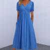 Women Summer Dress Pleated Cross Strap V Neck Short Sleeves Pure Color Pockets A-line Loose Hem Breathable Soft Dating Commute Midi Dress
