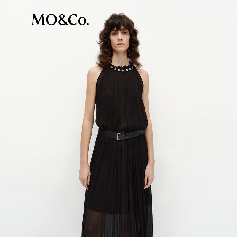 MO&Co. French-Inspired Cut-Out Shoulder Silver Bead Sheer Maxi Dress with Belt