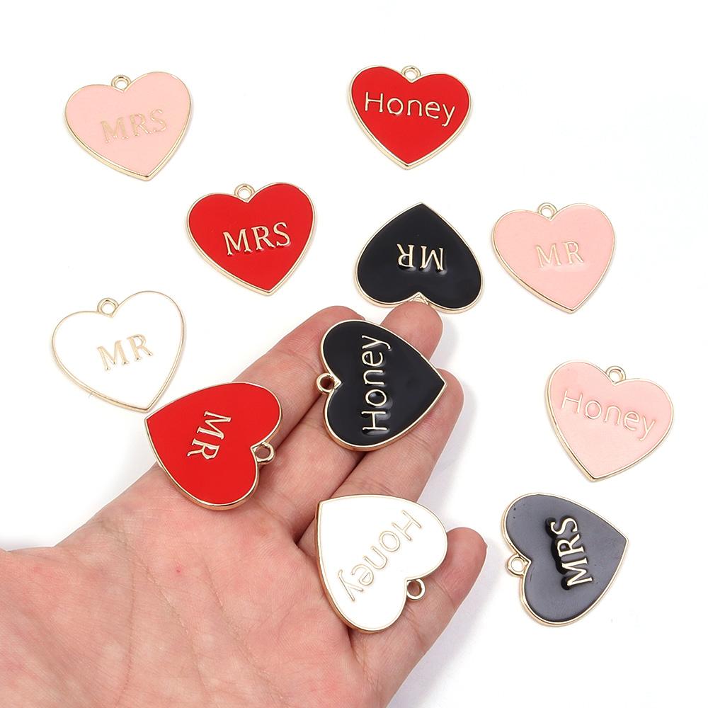 5pcs Alloy Heart Enamel Charms Colorful Romantic Letter Charms Pendant For Valentine's Day DIY Jewelry Making Necklace Bracelets