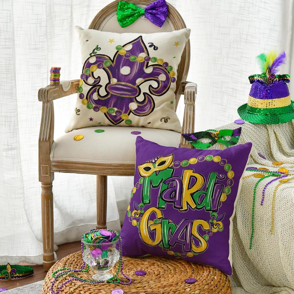 AVOIN colorlife Mardi Gras Fleur de Lis Heart Beads Throw Pillow Covers, 18 x 18 Inch We Don't Hide The Crazy We Parade It Holiday Party Carnival
