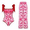 New Double-Sided European & American Chiffon Print Swimsuit Set: Women's One-Piece with Conservative Wrap Skirt