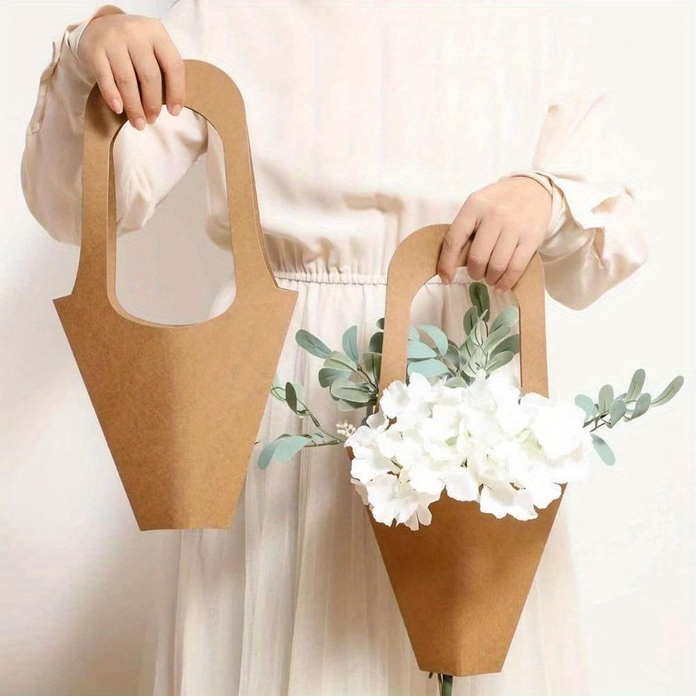 10pcs Kraft Paper Gift Bag Reusable Cone-shaped Bouquet Packaging Bag for Bouquet Display, Party Gifts, Events, Christmas Access