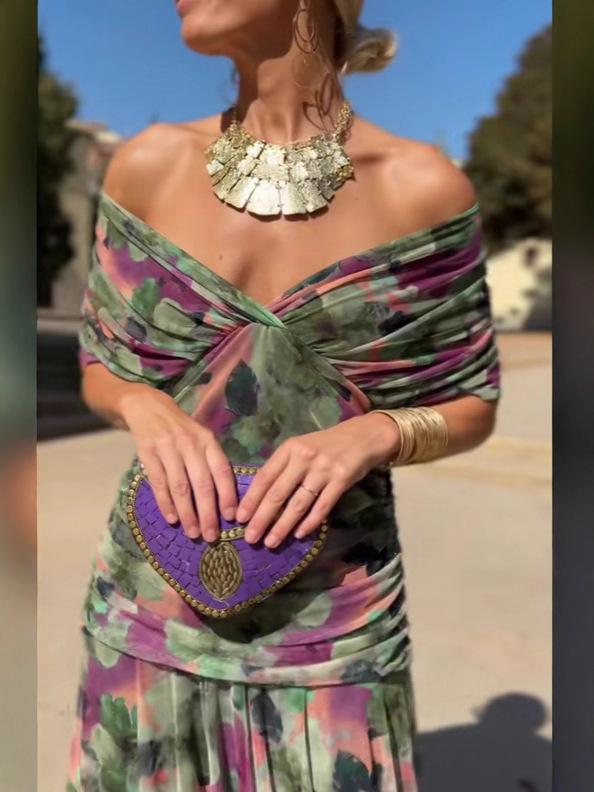 2025 European Style Women's Chiffon Off-the-Shoulder Bandage Dress - Floral Print