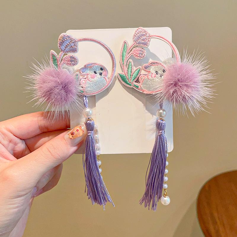 Mid-Autumn Hanfu Fairy Hair Clip - Women's & Children's Ancient Style Floral Tassel, Sweet Accessory for Girls