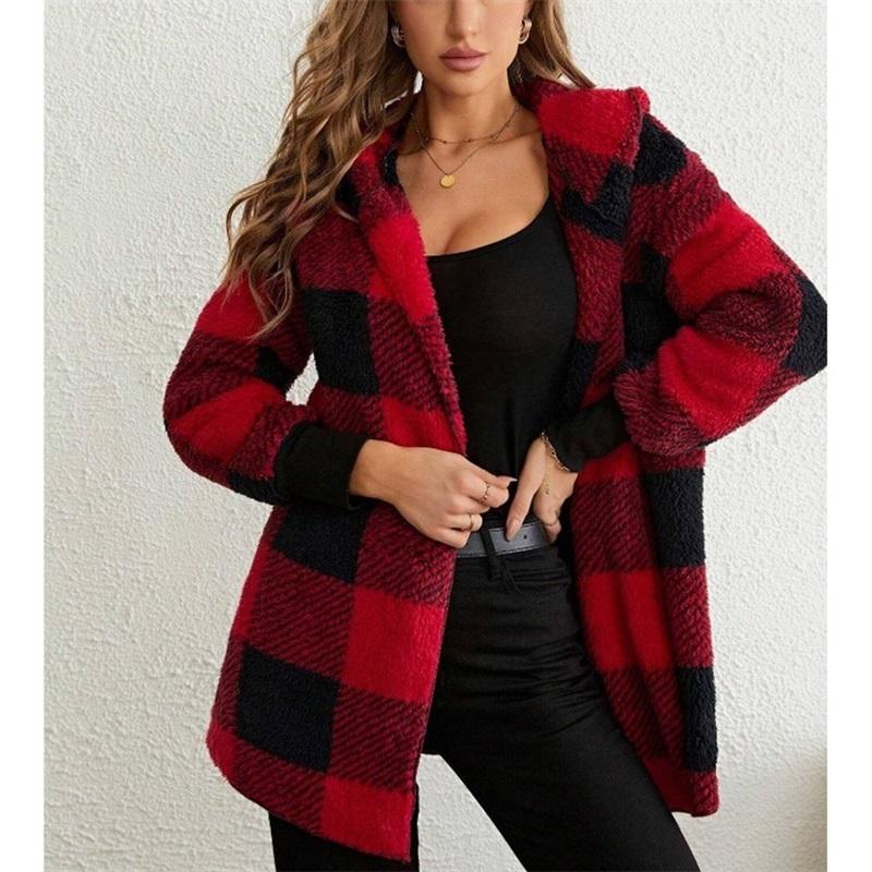 Jacket Loose Plaid Color Matching Plush Cardigan Fashion Foreign Trade Sweater Women