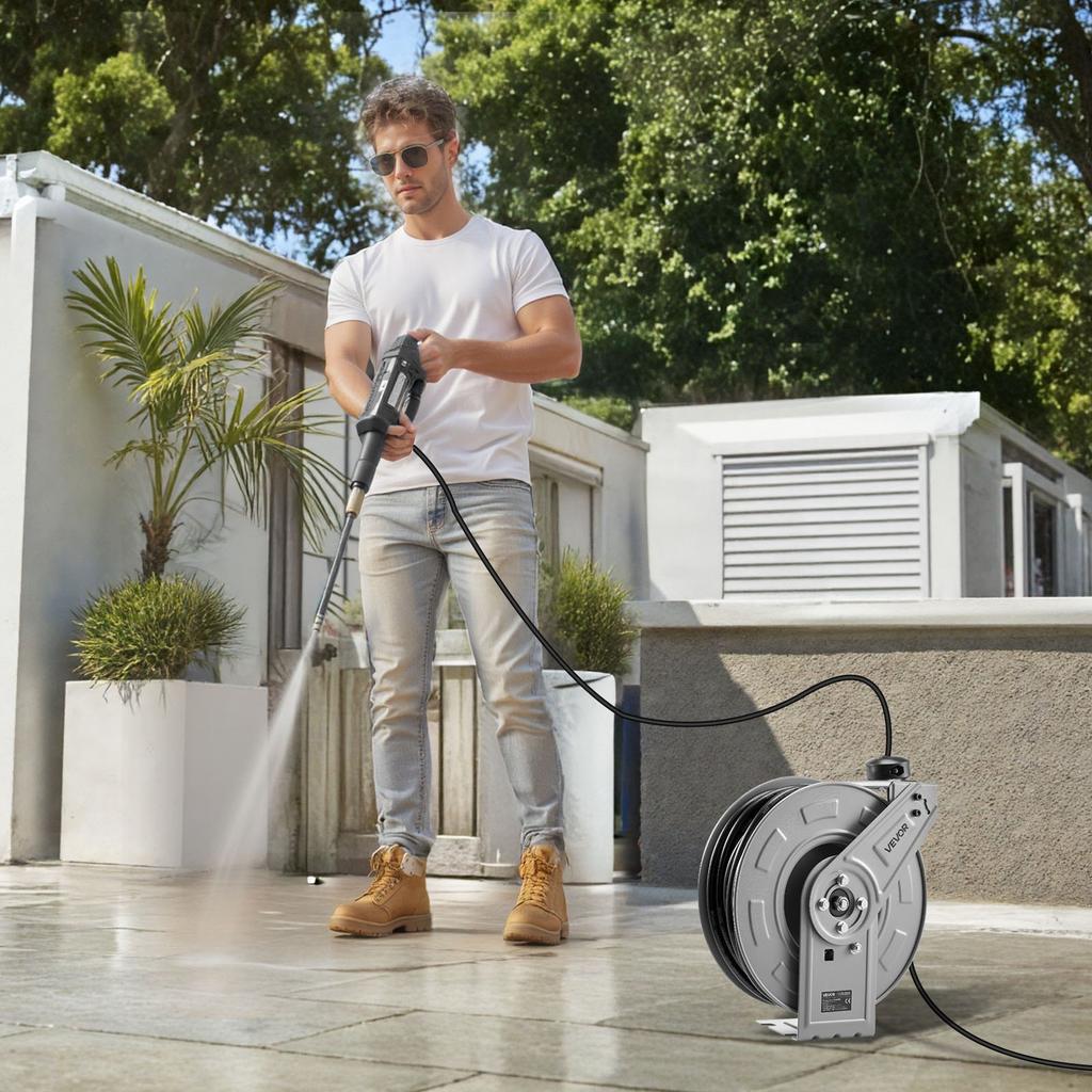 VEVOR Pressure Washer Hose Reel, 19.8 m x 6.4 mm Retractable Power Heavy-Duty Steel Washer Hose Reel, 3200PSI Max, Auto-Rewinding