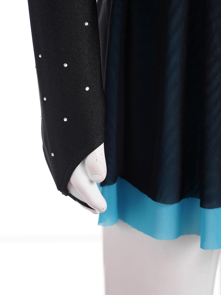 Girls Figure Skating Dress with Sparkly Rhinestones Sheer Mesh Patchwork Long Sleeve for Dance Performance