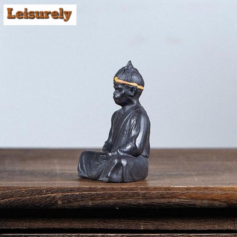 Yixing Zisha Black Clay Wukong Buddha Sculpture Tea Pet Creative Lucky Model Tea Figurine Play Toys Tea Statue Ornaments Gift