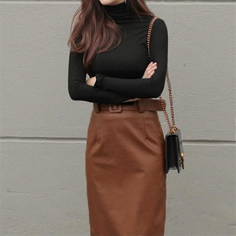 Modna koszula z długim rękawem w stylu koreańskim Damska jednokolorowa koszula z wysokim dekoltem Slim Basic